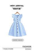 Summer girls' flutter sleeve pinstripe dress - blue & white single-breasted button-down french style a-line sundress