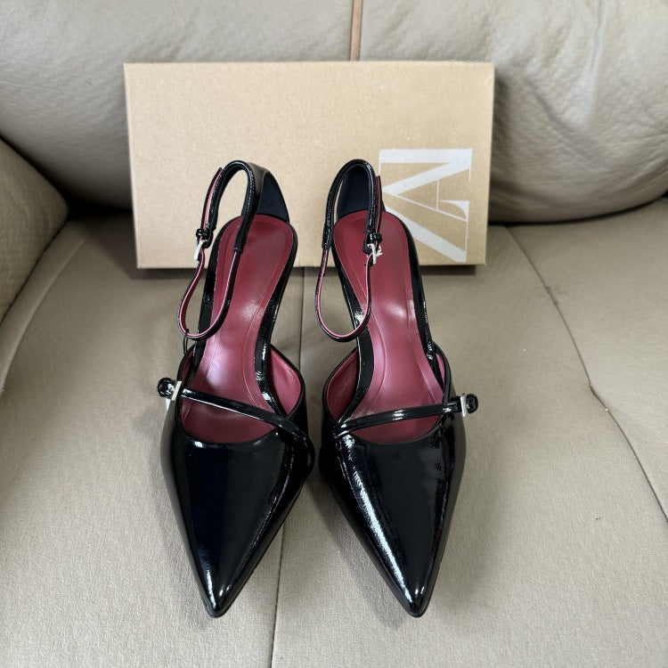 Spanish 2025 summer new arrivals: sexy hollow-out women's black patent leather ankle strap buckle pointed-toe stiletto mules