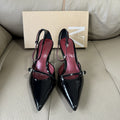 Spanish 2025 summer new arrivals: sexy hollow-out women's black patent leather ankle strap buckle pointed-toe stiletto mules