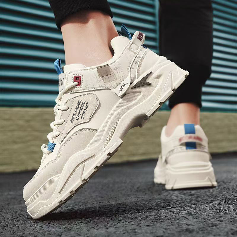 Men's spring versatile casual work shoes - leather, waterproof, athletic, height-increasing, white trendy sneakers for work and everyday wear