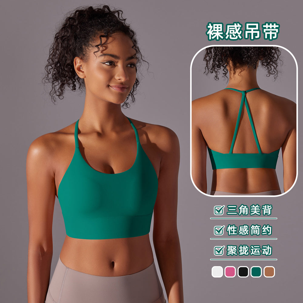 Naked sensation strappy yoga bra - triangle back, push-up, shaping sports bra - workout top for yoga and fitness