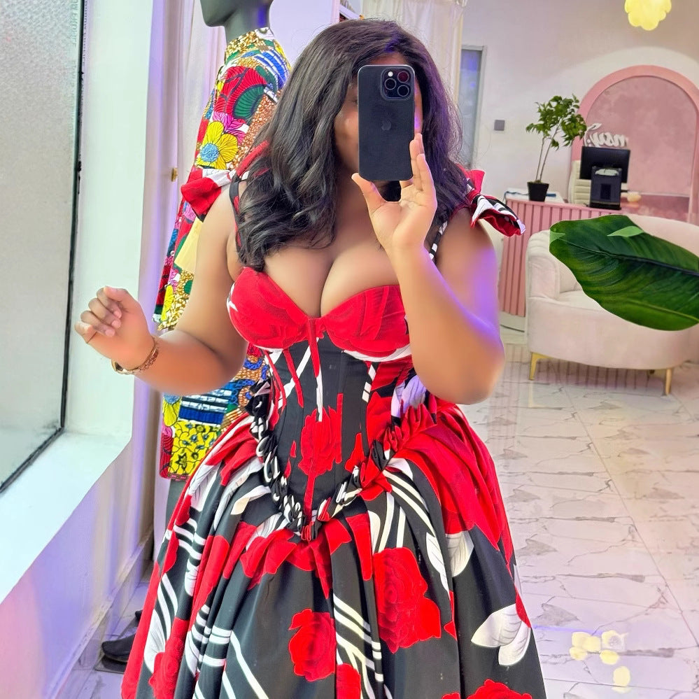 New arrival waist tube topdressfashionsexy dresssummerbows digital printing woven back adjustable