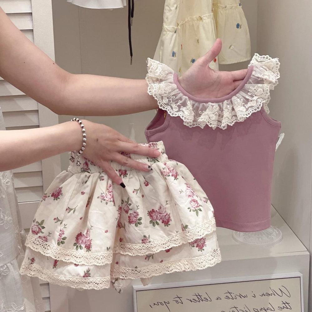 【dropshipping】girls' outfit set:  summer new style kids' lace-trimmed sleeveless top & chic floral dress for baby