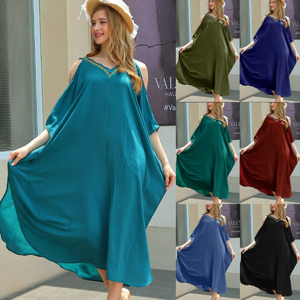 Cross-border European and American new women's clothing V-neck gold lace solid color off-the-shoulder sexy off-the-shoulder loose sunscreen shirt dress