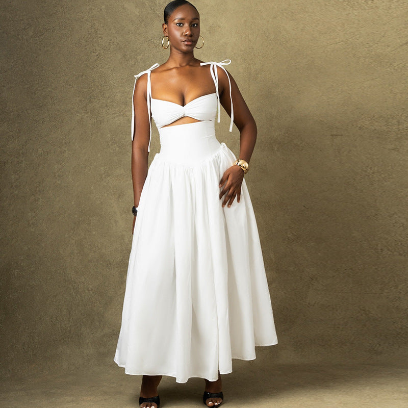 Fashion style insexport women's clothing fashionpure colordress suspender off-shoulder sleeveless large skirt skirt dress
