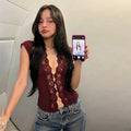 European and american style  summer new fashion vest top - hollow-out button lace waist cincher sleeveless tank top