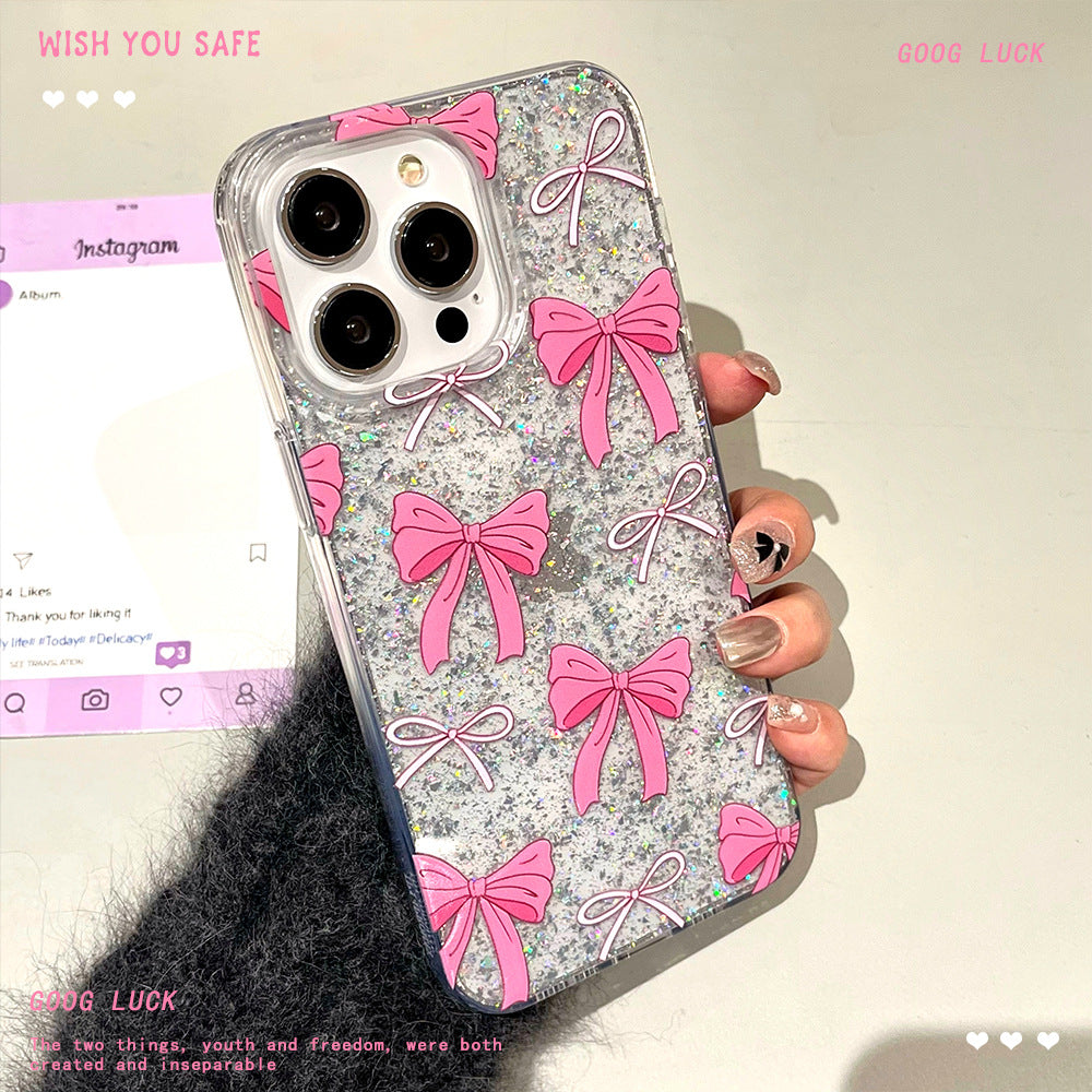 Glue glitter powder suitable for iphone16promax simple bow mobile phone case apple 12 large hole protective cover 15