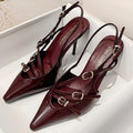 2026 summer european and american style patent leather stiletto peep-toe sandals women's single strap cat heel pointed toe back strap high heels