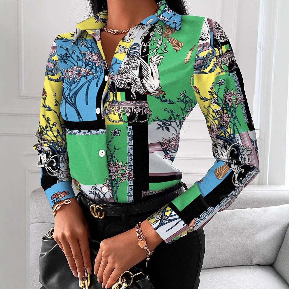 Spot 2022 European and American  women's clothing  spring and autumn shirts independent station  long-sleeved printed shirt