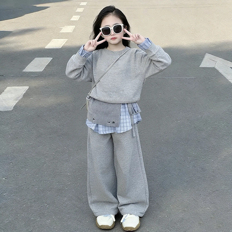 Girls' spring outfit : stylish kids' gray spring/autumn sweatshirt three-piece set, versatile sweatshirt outfit, korean style