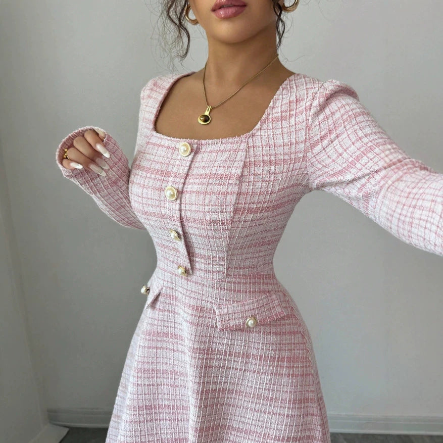 european and american new arrival: pink and white gingham long dress - chanel-inspired style with square neck, long sleeves, pearl button detail, cinched waist, and flared hem