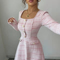 european and american new arrival: pink and white gingham long dress - chanel-inspired style with square neck, long sleeves, pearl button detail, cinched waist, and flared hem