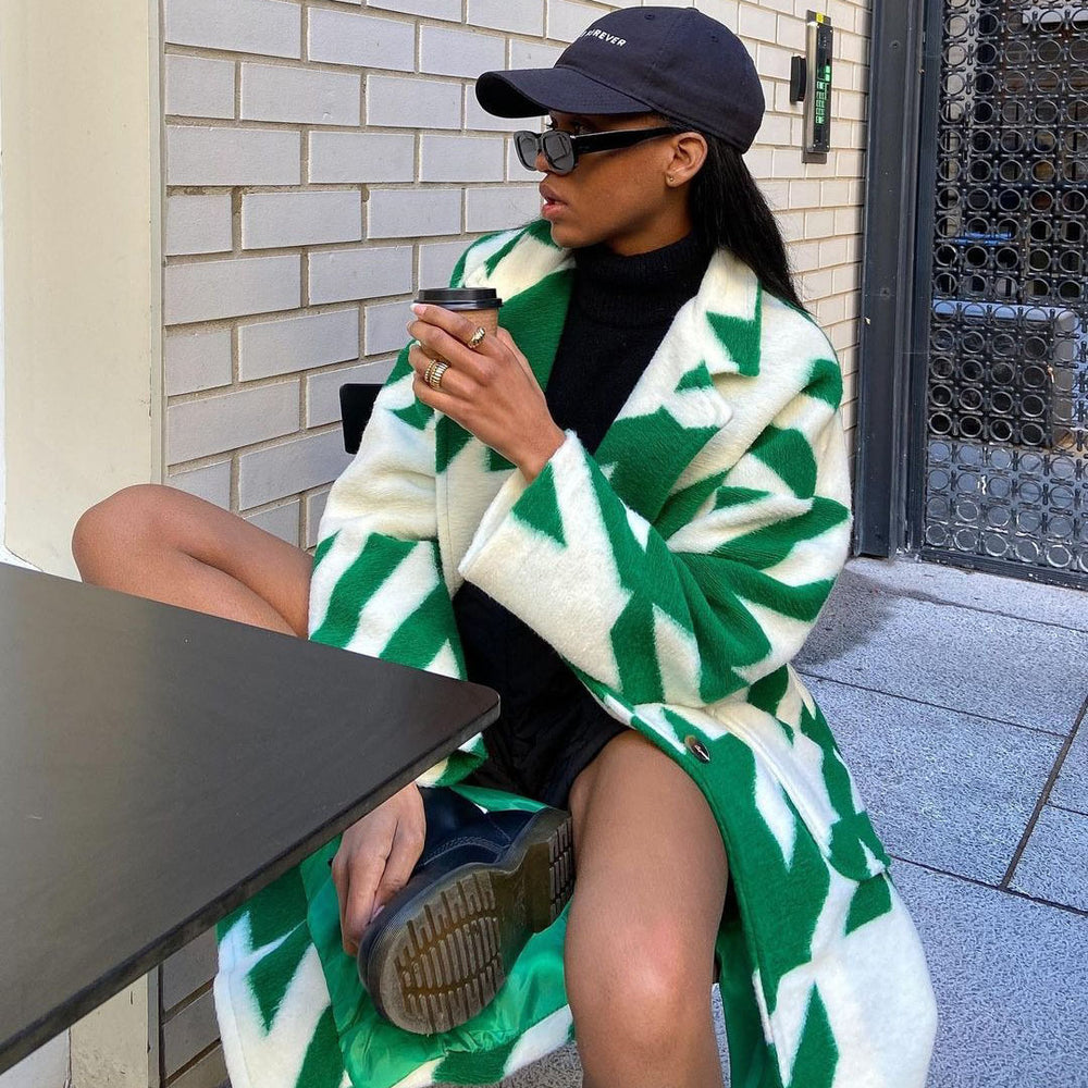 new european and american autumn cross-border women's clothing: various color-blocked fashion long-sleeve turn-down collar outerwear printed woolen coat