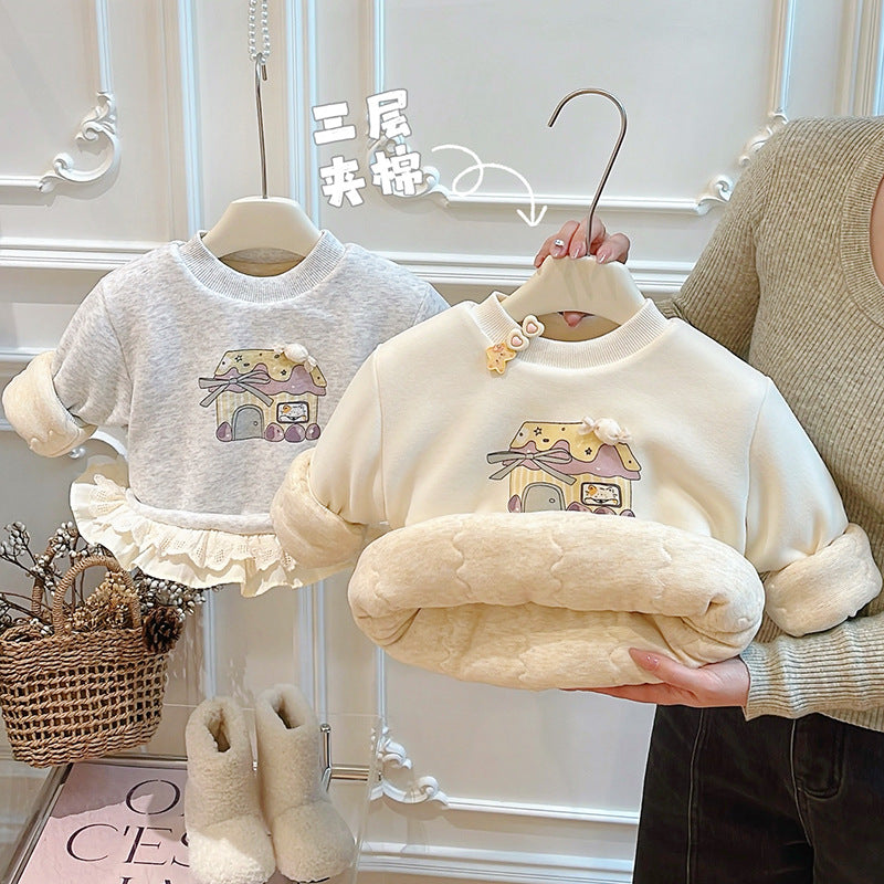 Girls' autumn/winter three-layer quilted padded cotton coat, baby girl long-sleeve sweatshirt, kids' warm top, trendy children's clothing