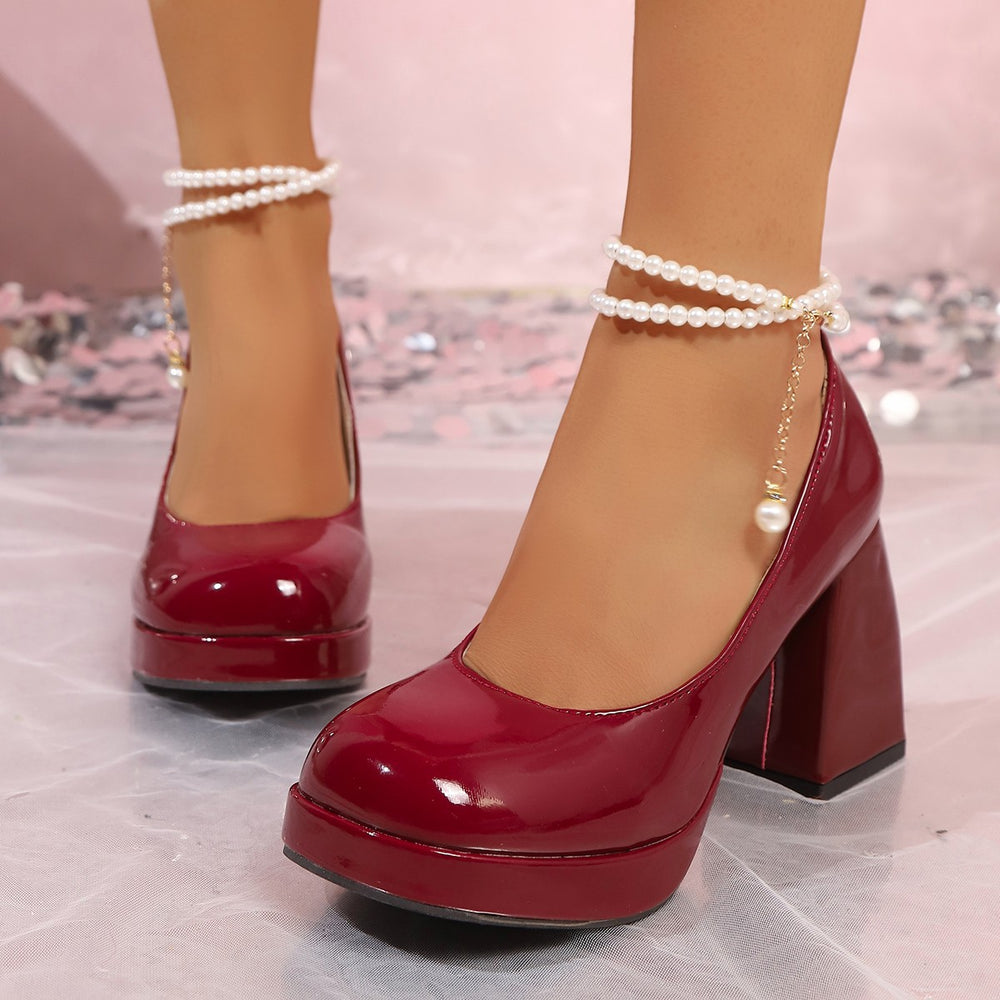 Red chunky heel 9cm plus size mary jane pumps - platform, patent leather, beaded detail, waterproof