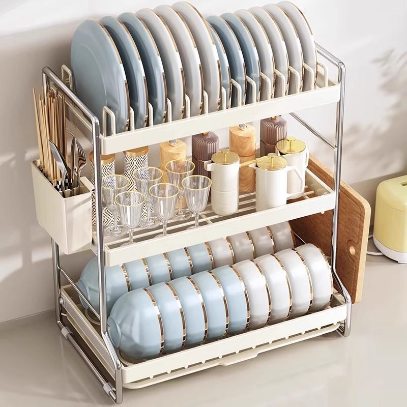 Accessible luxury cream white kitchen daily use bowl rack storage rack countertop for bowls, plates, chopsticks, multifunctional cutting board, dishes storage