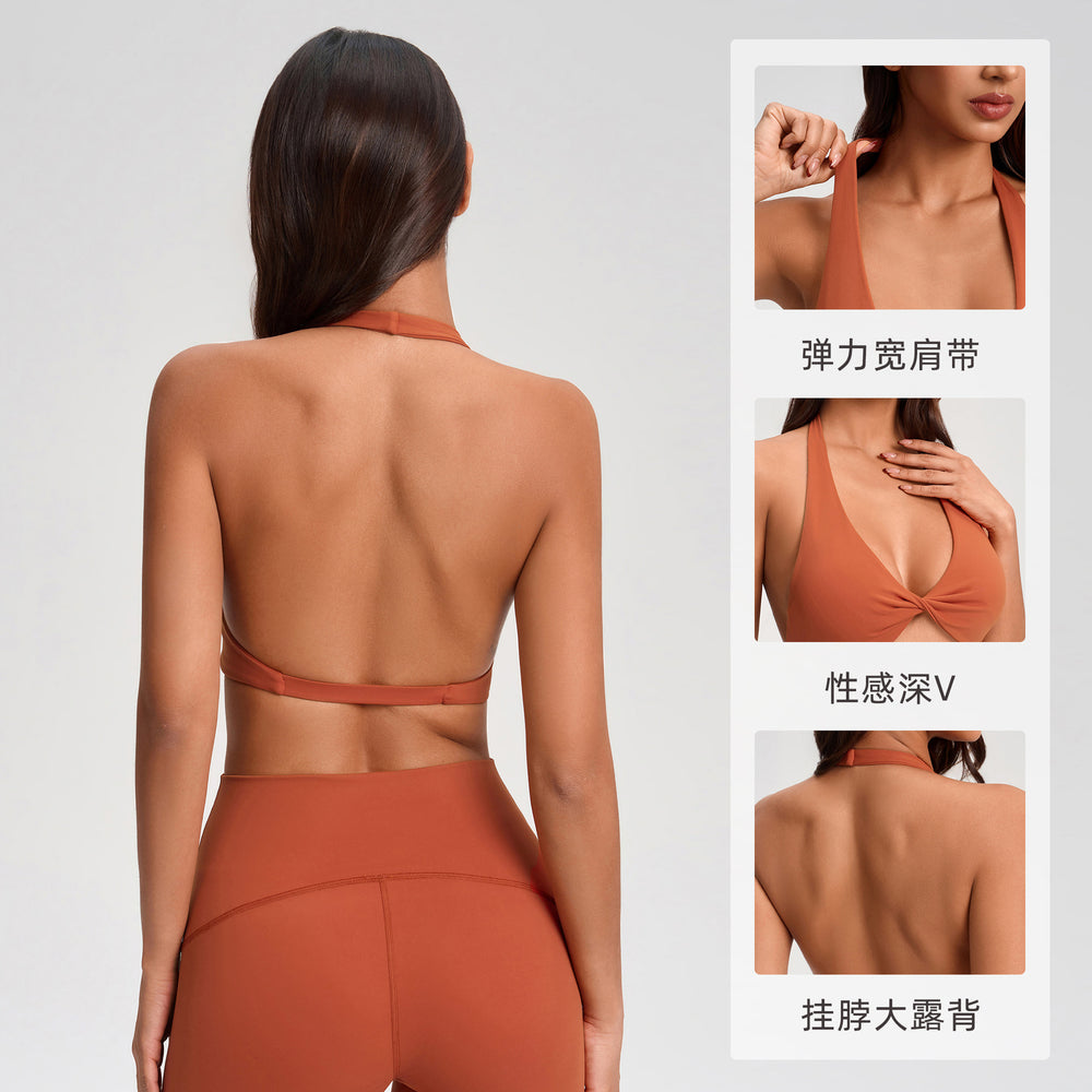 Sexy deep v halter bra with twist detail - breathable, backless, push-up sports bra for pilates and yoga - yg-1005