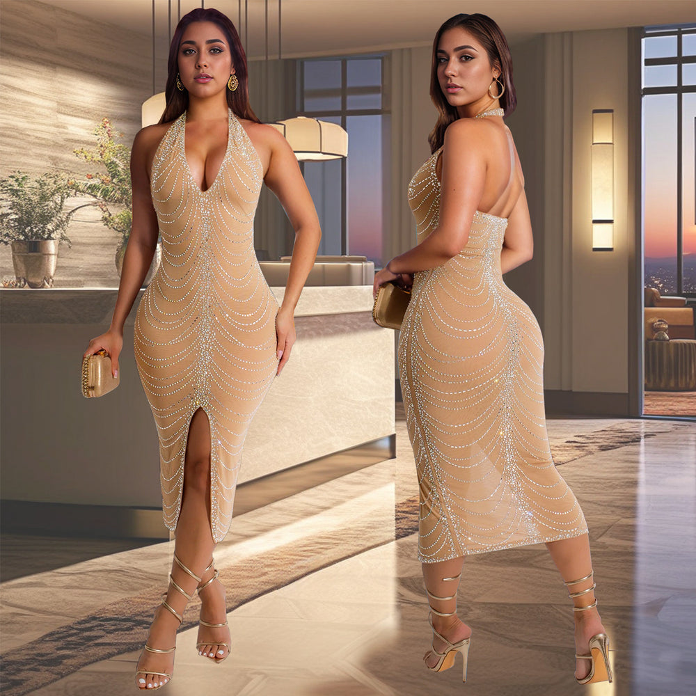 C7095 cross-border   fashion women's hotfix rhinestone bodycon sexy mini dress