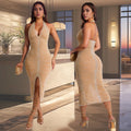 C7095 cross-border   fashion women's hotfix rhinestone bodycon sexy mini dress