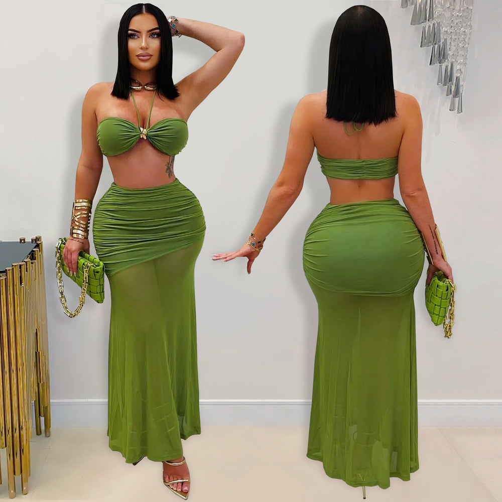 C7456 cross-border   fashion women's sexy bandeau sleeveless ruched mesh maxi dress new