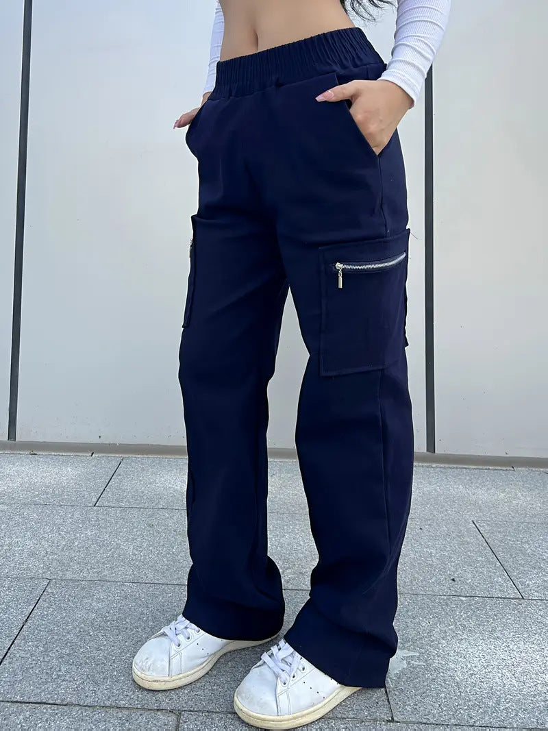 Ready-to-ship  spring/summer new arrival: trendy high-waisted cargo pants with zipper pockets, street style straight-leg casual trousers