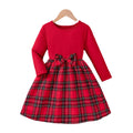 Christmas outfit: new plaid long-sleeve bow dress for girls, toddler to mid-sized children, holiday party formal dress