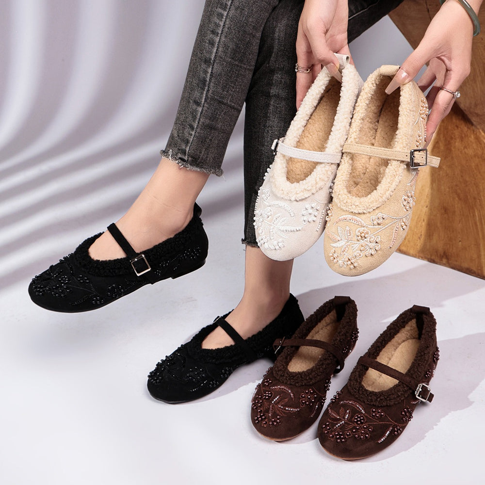 Hot-selling plus size women's shoes for export,  new collection: soft sole embroidered beaded round toe low-cut cotton mary janes
