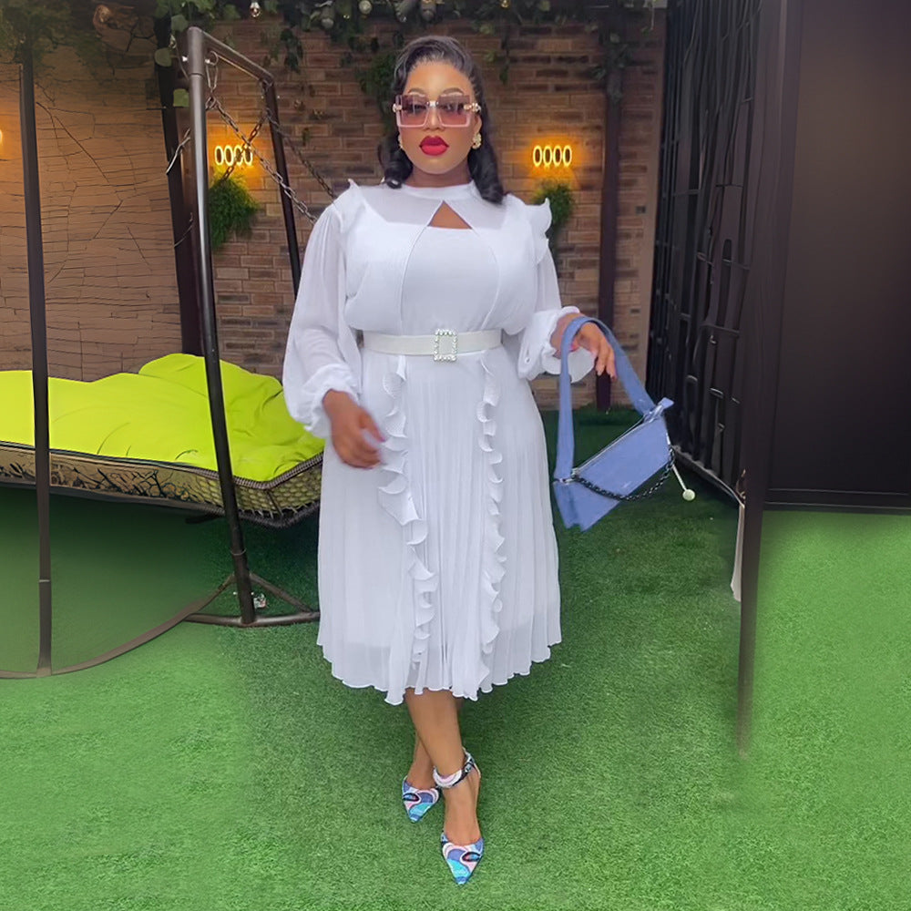 Fashion cross-border  plus size women's clothing african pure color new arrivalautumhigh waistslimming look fungus edge dress