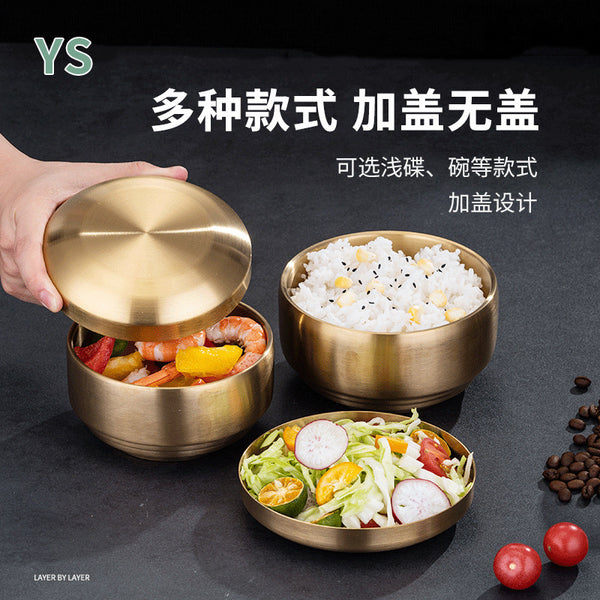 Rice bowl, four packs of Korean tableware, stainless steel double-layer rice bowl, anti-scalding hollow soup bowl with lid, stainless steel bowl
