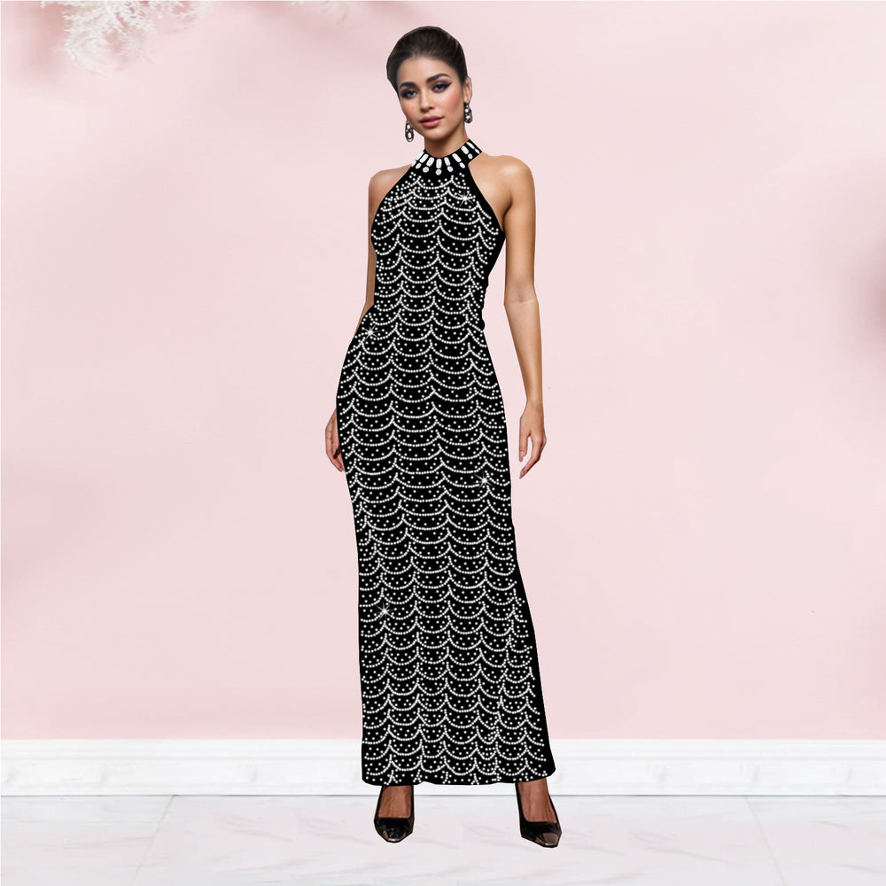 C7140 cross-border   fashion women's halter neck elegant maxi dress rhinestone slim fit dress