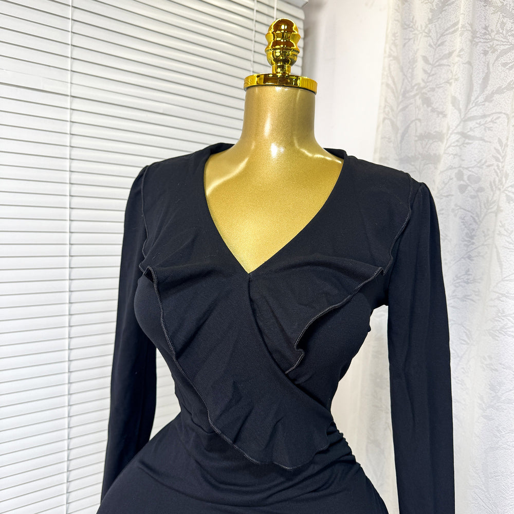 Exportspring & fallnew arrivalrufflesv neck silmlong sleevesdresssexy silm hip-covering waist short skirt dress