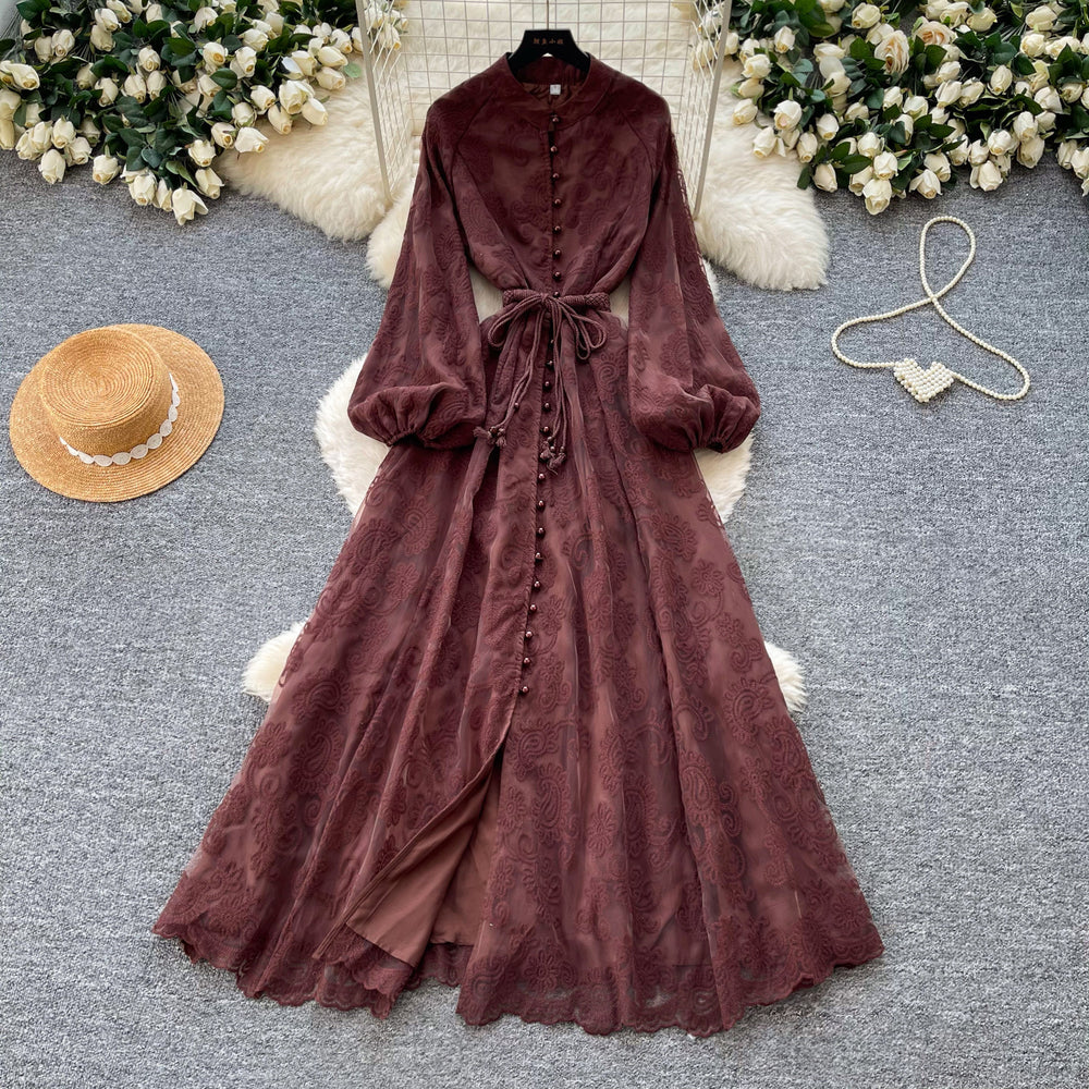 French romantic stand collar lantern sleeve lace dress - women's summer slimming a-line maxi dress - elegant and chic