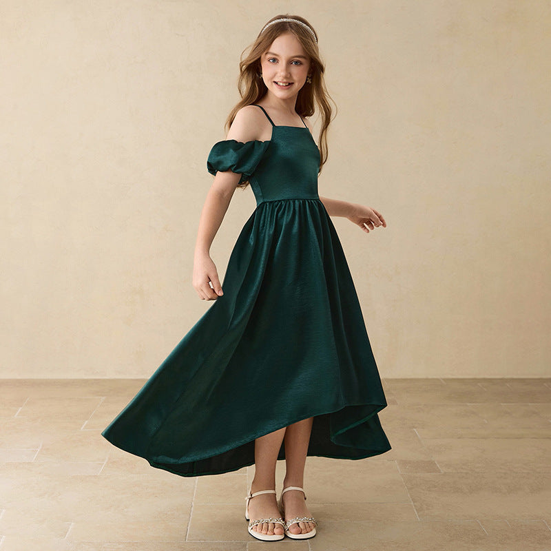 Girls' french-style formal dress, off-the-shoulder, elegant, high-end satin dress, new  one-shoulder slim-fit, cross-border export