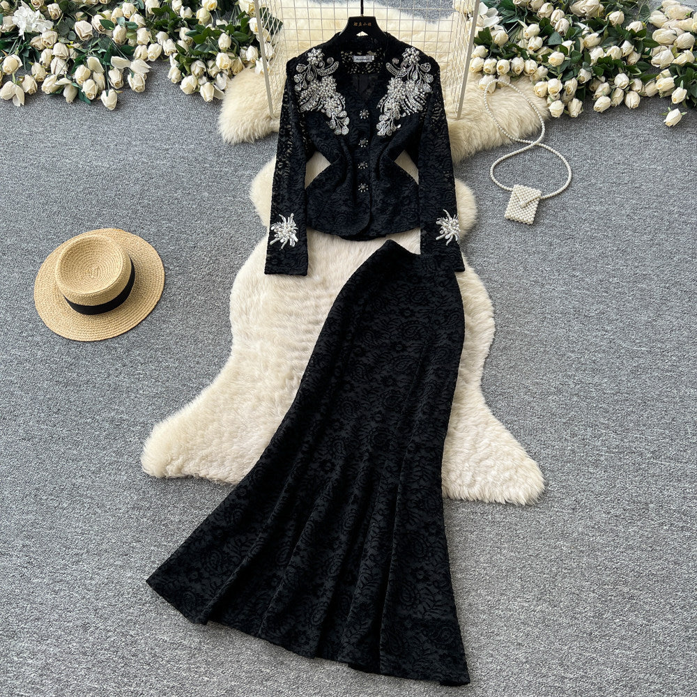 French chic embroidered beaded v-neck lace two-piece set - women's autumn slim-fit high-end beaded elegant outfit
