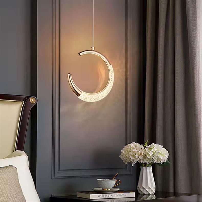 Luxury gold crystal crescent moon ring bedside pendant light - modern minimalist c-ring for bedroom, bar, entryway, and boutique hotel ambiance