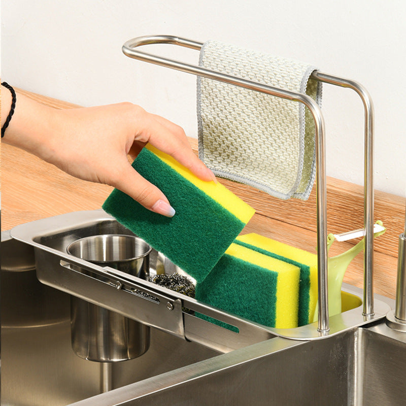 Sink Telescopic Drain Rack Stainless Steel Kitchen Sink Side Shelf Drying Rack Dishcloth Sponge Storage Basket