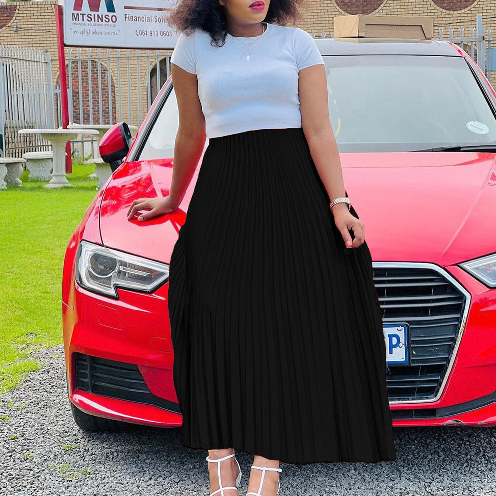 D3175plus size women's clothing  autumn new arrivalpure color high waist large skirt long skirt plus size european and american pleated skirt