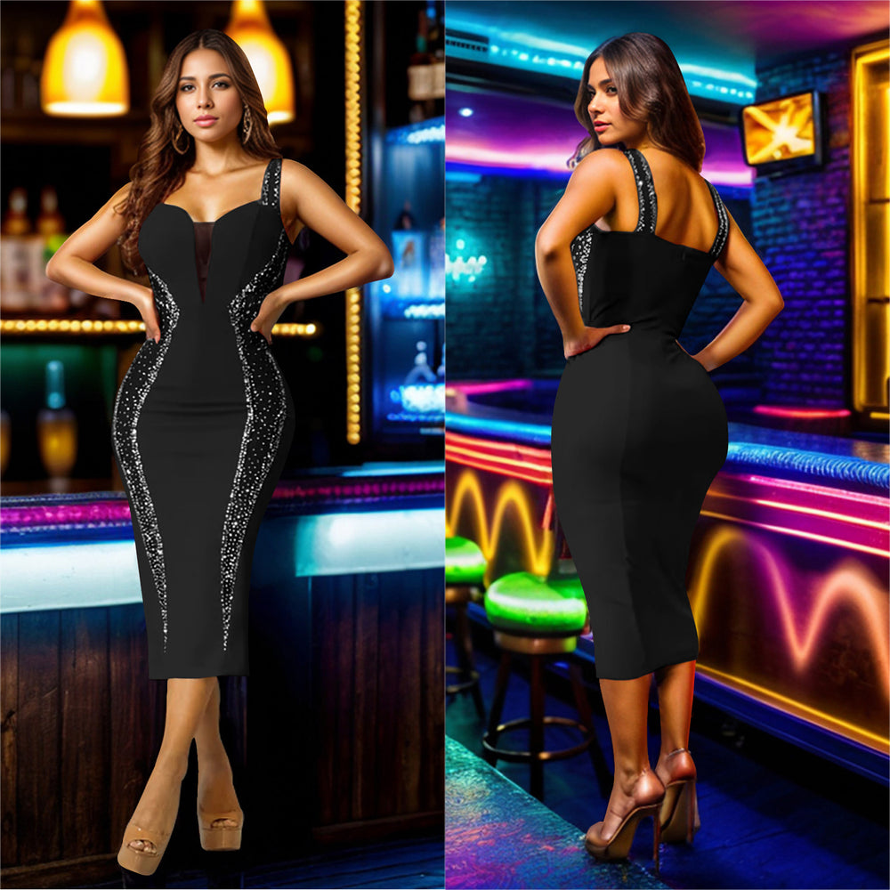 C7070 cross-border   independent station fashion women's camisole rhinestone embellished midi dress - new arrival