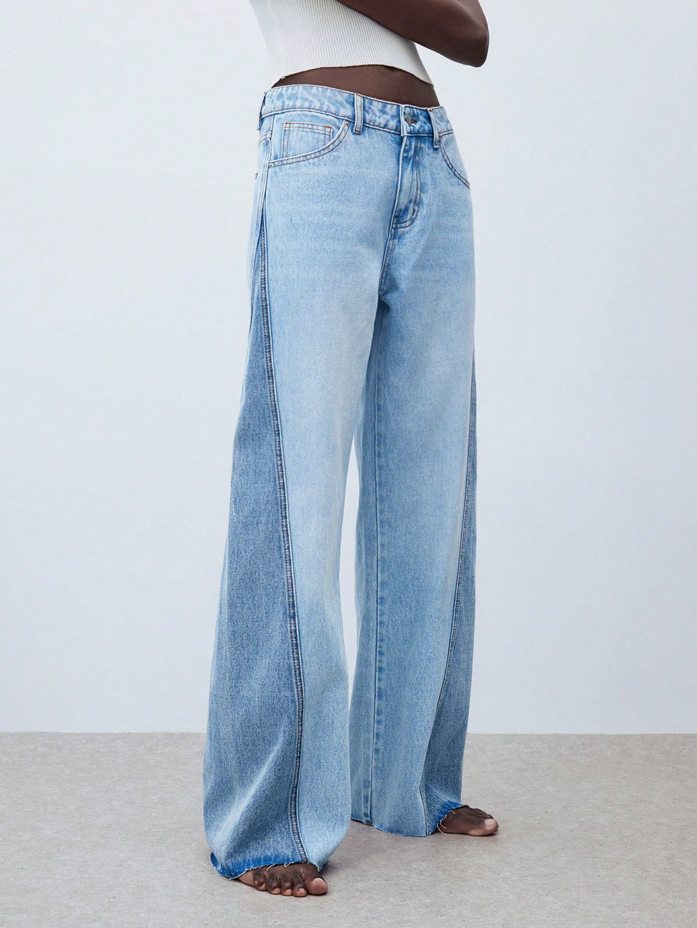 Fashionjeans women's light blue contrast color side seam patchwork wide-leg pants raw edge trousers washed loosemop denim