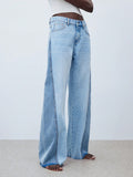 Fashionjeans women's light blue contrast color side seam patchwork wide-leg pants raw edge trousers washed loosemop denim