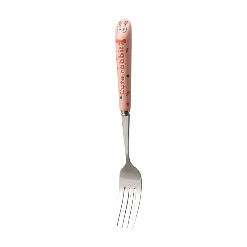 Cartoon stainless steel cutlery set: cute kids' forks with stylish ceramic handles, exquisite dessert spoons, and serving spoons