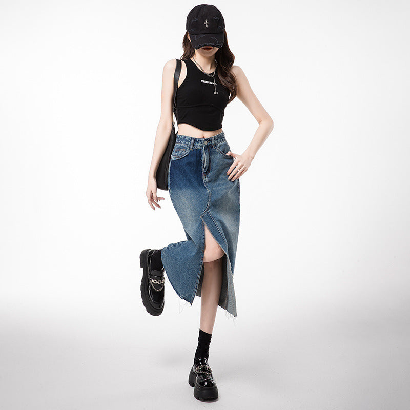 New arrivalelegantwork clothinghigh waist denim long skirtniche styleeasiest for matchloose denim skirt women's clothing