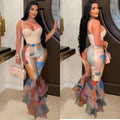C6971 cross-border   independent station fashion women's printed flare pants ruffle hem women's trousers