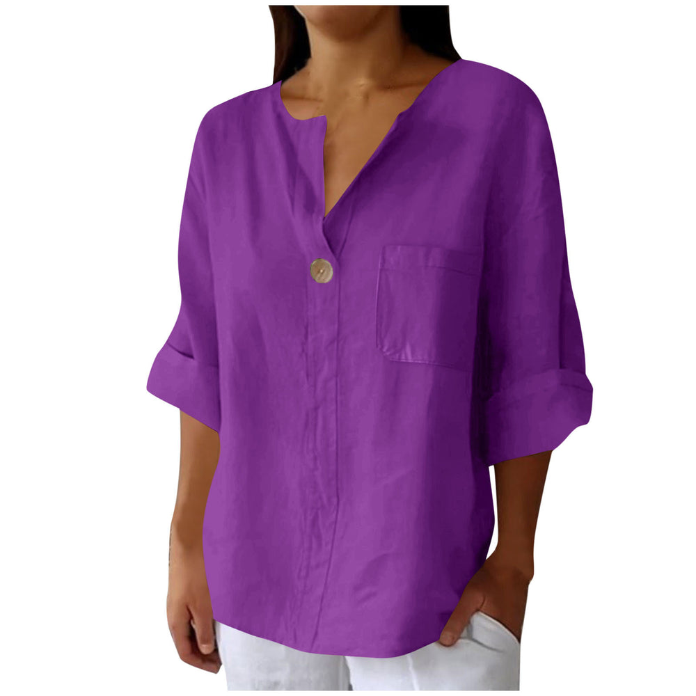 cross-border fashion summer new loose t-shirt women's v neck cotton and linen button tops