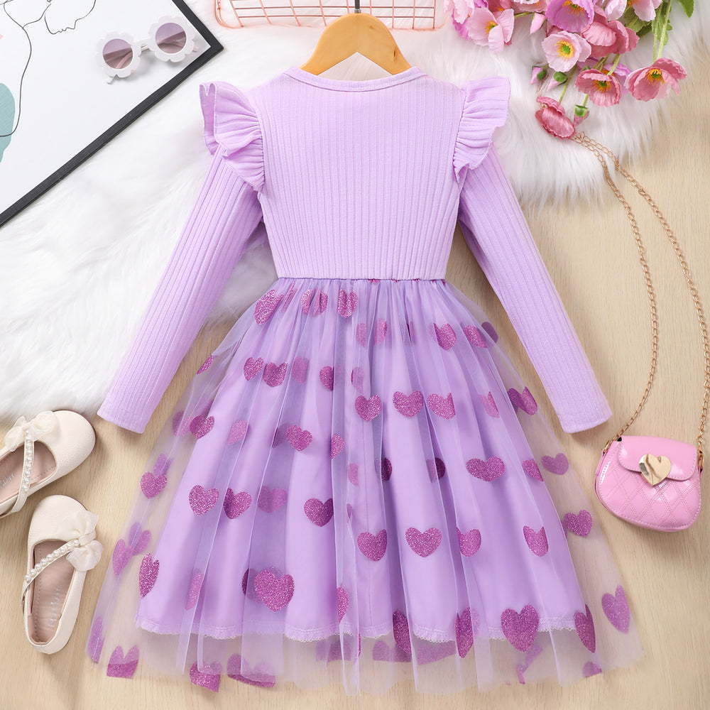 Kids' long-sleeve ribbed knit dress with lace trim and heart-shaped mesh detail
