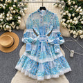 Elegant court style printed lantern sleeve dress - women's summer lace patchwork waist design midi dress