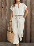vacation striped plus size jumpsuit - front zipper, stand collar, drawstring waist, side pockets, loose wide leg