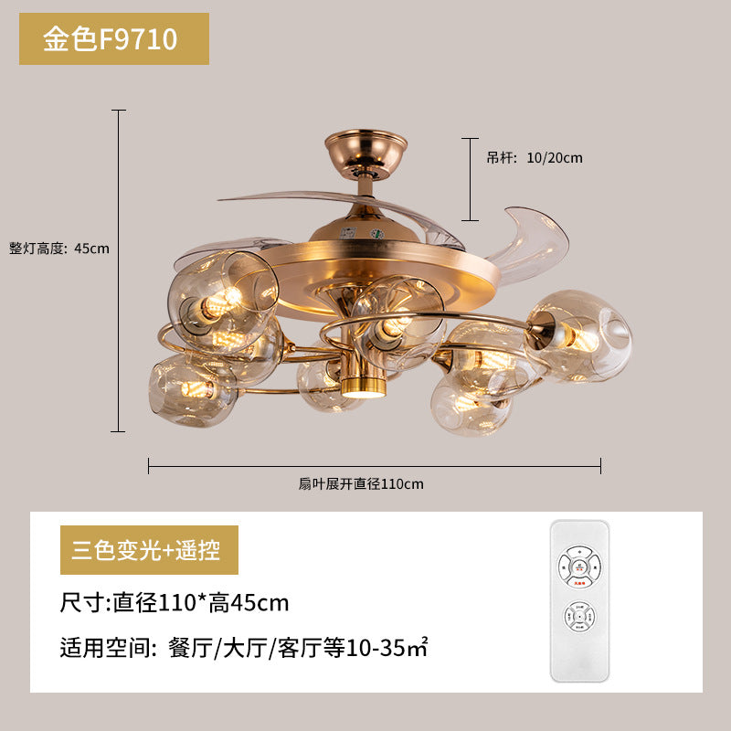 Whole house smart golden magic bean invisible fan light Nordic crystal light luxury ceiling fan light living room dining room integrated lamp