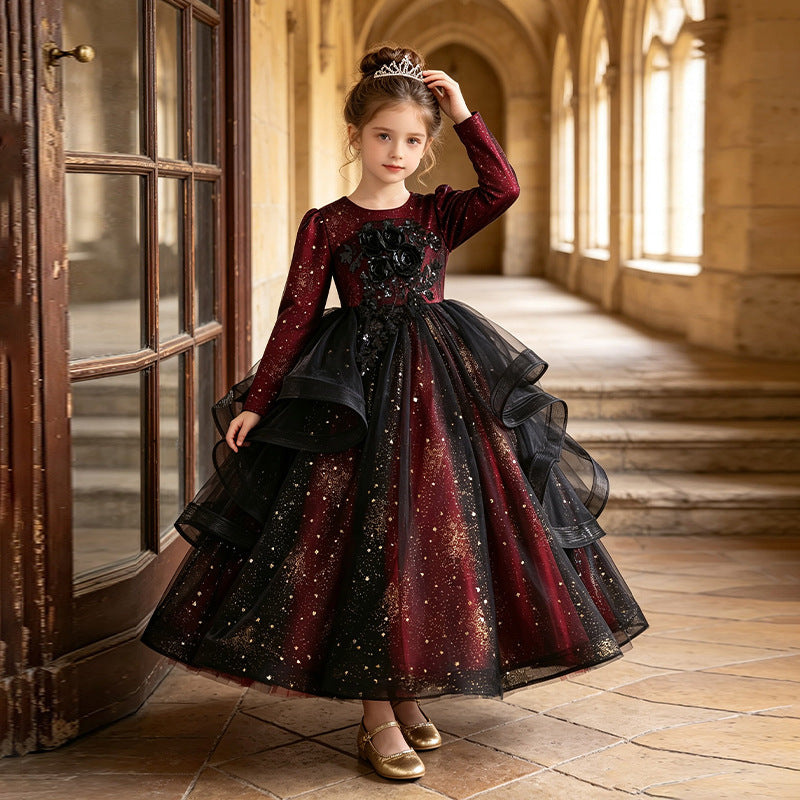 Girls' long-sleeve dark academia tulle dresses - wholesale for cross-border e-commerce, perfect for flower girls, weddings, and piano recitals - in stock & ready to ship ( compatible)