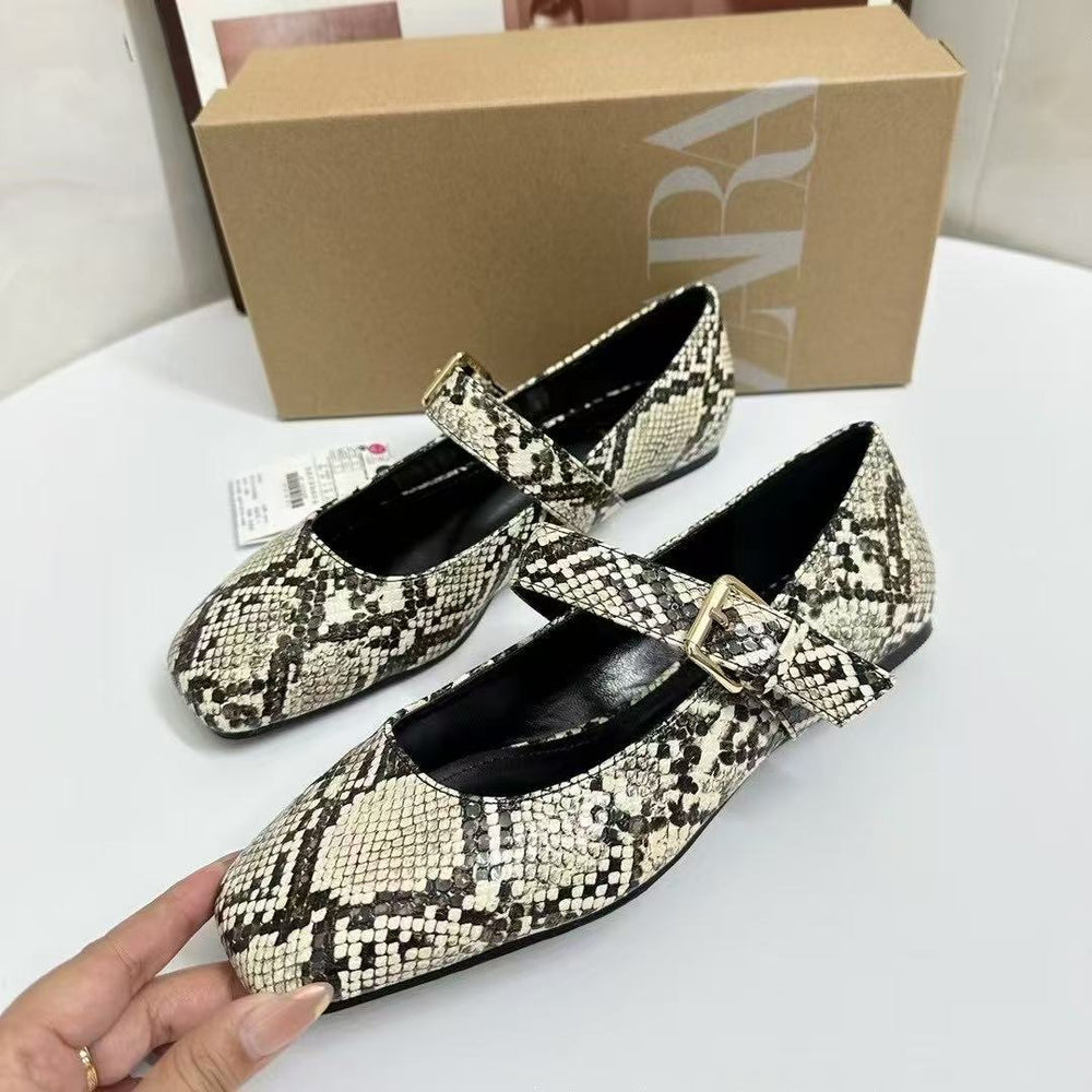 European and american style women's flat shoes - spring new arrivals: fashionable square toe snake print ankle strap mary jane ballet flats
